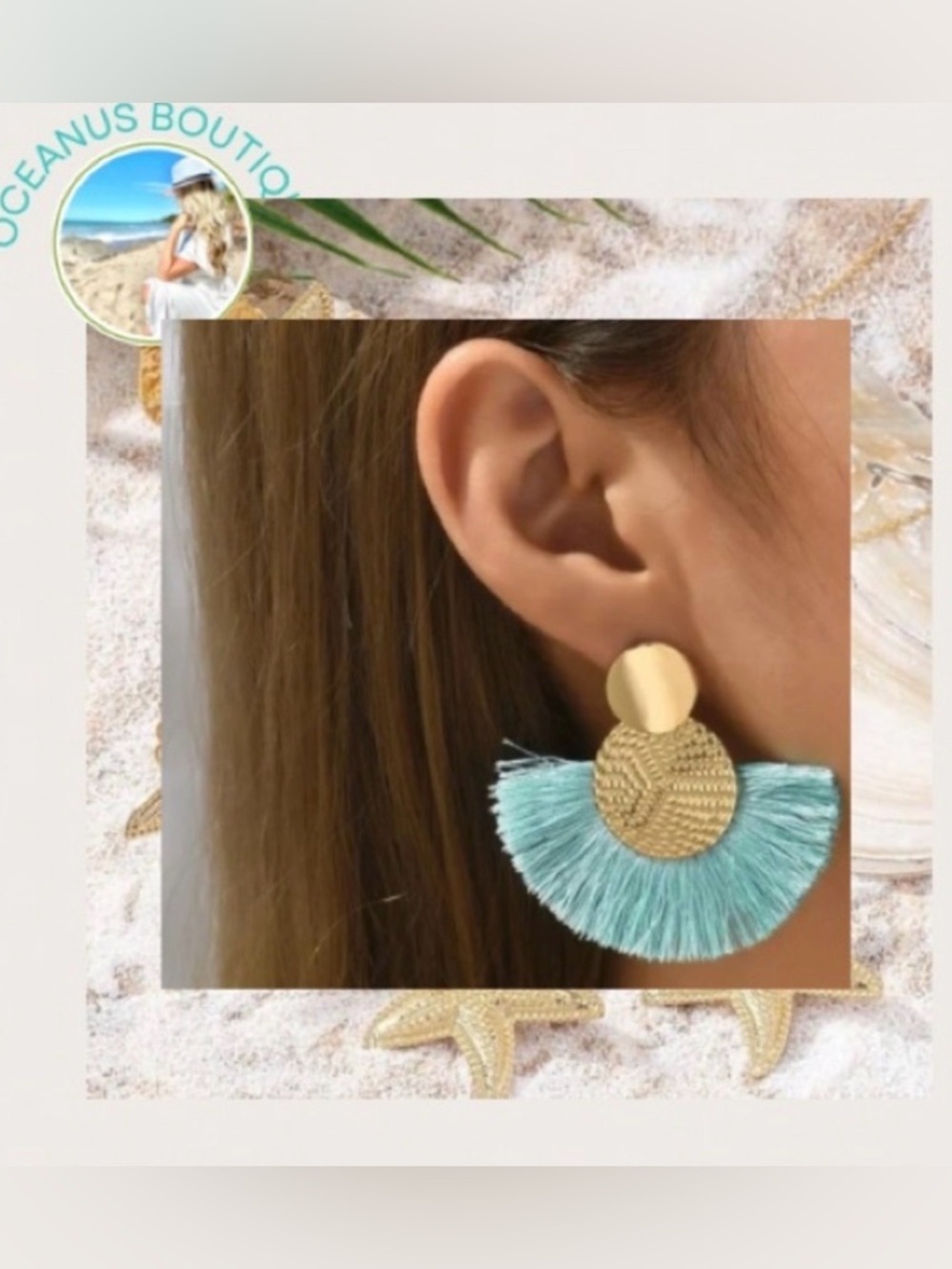 🆕Aqua gold boho fan earrings